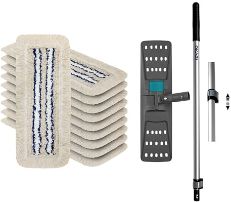 OKAEI Wischmop-Komplettset 40 cm – 10× Bezug Blau-Weiß-Beige + Klapphalter & Alu-Teleskopstiel – Für Trocken- & Nassreinigung – Profi 10er Spar-Set