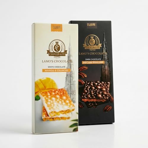 LAMO'S - Chocolat Mangue Crunchy & Chocolat Noir Praliné Noix de Pécan | Fabriqué à Dubaï | Chocolat Suisse | Lot de 2 tablettes (160 g)