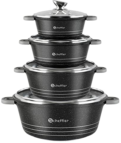 Topfset Scheffler 20cm,2.2L&24cm,4L&28cm,6L&32cm,10L, Kochtopf Set Induktions Töpfe Set mit Glasdeckel, mit Antihaftbeschichtung, Töpfe kochtöpfe Induktion, Spülmaschinengeeignet