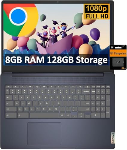 Lenovo Chromebook 15 Ideapad 3i (15.6 FHD, 8GB RAM, 128GB Storage (64GB eMMC + 64GB SD Card), Intel Celeron), Home & Student Laptop, Numeric KB, Webcam, 10-Hr Long Battery Life, Chrome OS, Abyss Blue