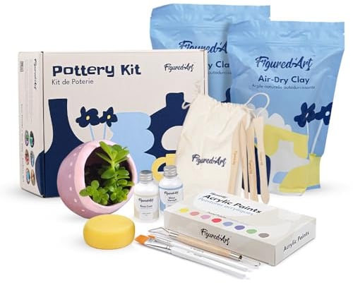 Figured'Art Kit de Poterie Adulte avec Argile Premium Autodurcissante 2kg Sans Cuisson pour Débutants, Séchage à l'Air Libre. 100% Prêt à l’Emploi avec Outils, Peintures, Pinceaux, Vernis & Tutoriels