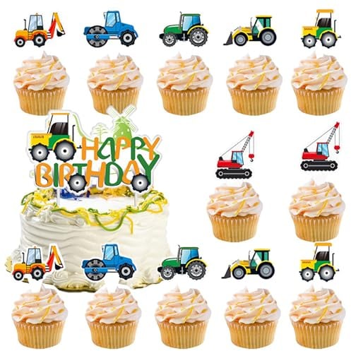 Silars Tortendeko Geburtstag Bagger Tortenaufleger Baustelle, 1+12 Thema Kuchendeko Baufahrzeug Happy Birthday Cake Topper, Bau Kuchen Topper für Tischdekoration für Bagger Thema Geburtstagsparty