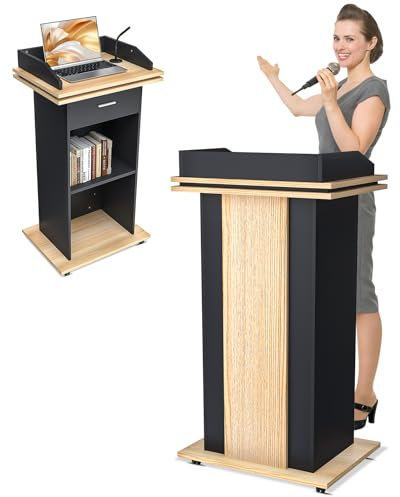 Tragbares hölzernes Podium, Rednerpult-Podium-Ständer, reserviertes Drahtloch, feststellbare Räder, Design mit Aufbewahrung, stehender Holzkanzel für Kirche, Büro, Schule, Heimkonferenz
