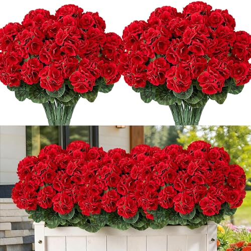 Artifolia 4 st konstgjorda pelargonbuketter utomhus, UV-resistenta konstgjorda växter, för utomhus inomhus, hem, balkong, trädgård, gård, hängande blomkruka, bordsdekoration, röd