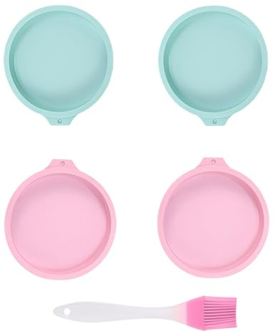 Febbya Set of 4 Round Silicone Cake Moulds,1 Piece Silicone Brush,Reusable Air Fryer Egg & Pancake Moulds,Heat-Resistant Baking (2 Pink + 2 Green)