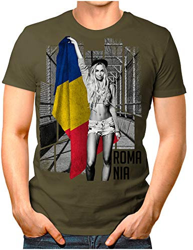 OM3® - Romania-Soccer-Girl - Herren T-Shirt Fan Support Fußball Trikot Sexy Frau Rumänien Vintage Weiß L