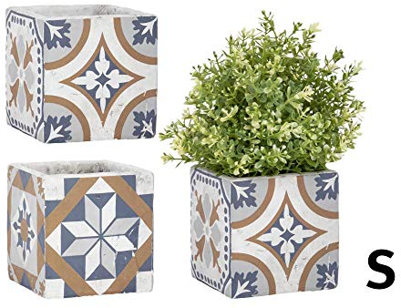 Rivanto 3 Stück Blumentopf ‚Portugisische Kacheln‘ aus Beton, Größe S, 11,3 x 11,3 x 10,9 cm, quadratischer Blumentopf, Pflanztopf