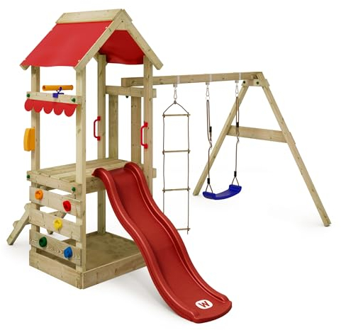 WICKEY Tour de Jeux FreshFlyer avec balançoire & Toboggan Rouge, Tour d'escalade pour Enfants avec bac à Sable, échelle & Accessoires de Jeu pour Le Jardin