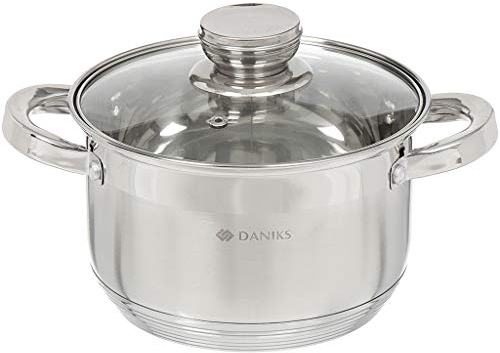 Daniks Standard Olla de Acero Inoxidable con Tapa de Vidrio, 2.9 Litros Ø 18 cm, Cacerola para Inducción con Escala de Medición y Mangos Resistentes al Calor, Plata