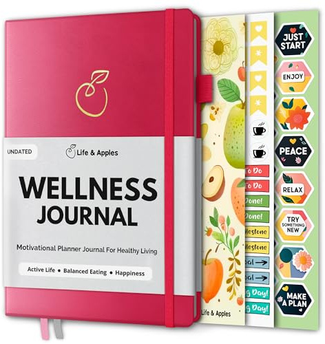 Life & Apples Wellness Journal Planer - Essensprotokoll, Fitness-Tracker, Gewohnheitstracker, Gewichtsverlust-Tagebuch für Diät-Tracking und Gesundheitsziele, undatiert, Größe A5 Berry