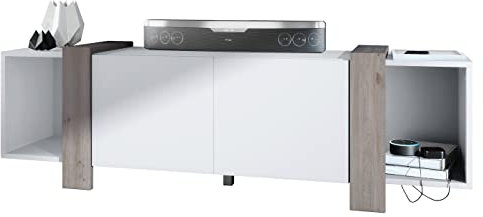 Vladon Lowboard Ida 149 x 45,5 x 34 cm TV-Board mit 4 Fächern und PTO-Türen, Made in Germany, Korpus in Weiß matt, Blenden in Eiche Nordic | Große Farbauswahl