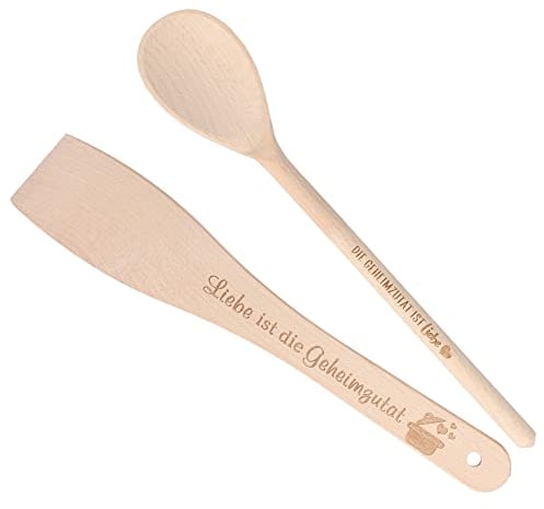 Spruchreif | 2er-Set Kochlöffel/Pfannenwender Die Geheimzutat ist Liebe | Pfannenwender aus Holz mit Gravur | Geschenke für die Familie | Holzkochlöffel | Küchenhelfer