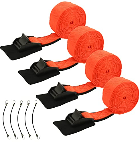 4 Stück Spanngurte 3,2cmx4m, Zurrgurte mit Klemmschloss Polsterung, 250Kg Belastbarkeit Befestigungsgurt Set inkl. fünf Spanngummis für Fahrradträger Motorrad Auto (Orange, 3,2cmx4m)