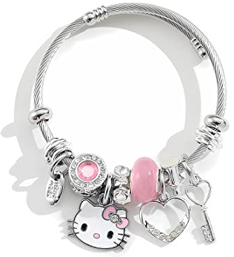Kitty Girl Bracelet,Adjustable Cat Style Stainless Steel Bracelet, Cute Girl Friendship Bracelet, Fashionable Student Girl Bracelet, Exquisite Jewelry Gift (Pink)