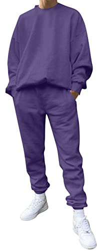 Mens Tracksuit Set 2 Piece Oufits Plain Crew Neck Long Sleeve Tops Bottoms Set with Pockets Solid Color Sweatshirt Joggers Track Suits for Men Sports Activewear Purple