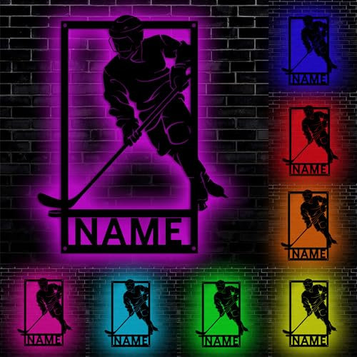 Personalisiertes FHockey Spieler Metallschild mit LED Licht, Personalisiert Hockey Wand Neon Zeichen Lampe Dekor Mit Name, Benutzerdefinierte Name und Nummer, Zimmer Deko, Weihnachten, Geburtstag