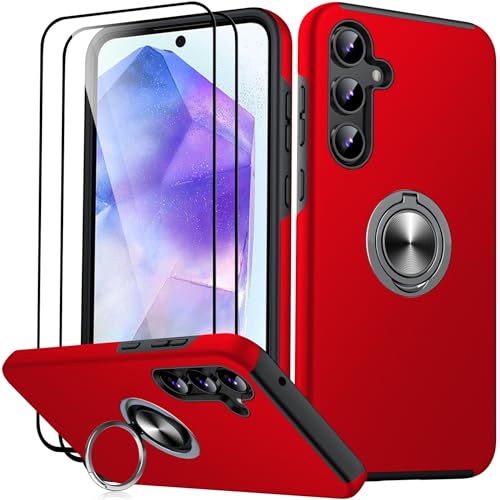 JAME für Samsung Galaxy A55 5G Hülle mit 2 Stück Panzerglas, Militärschutz Stoßfester Schutz Samsung A55 5G Hülle mit 360° Magnetischer Ring Kickstand Handyhülle für Samsung A55, Rot
