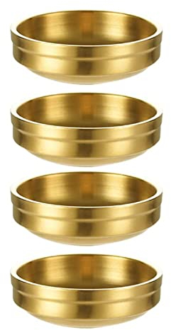 Sicheii Lot de 4 Bols à Sauce Soja en Acier Inoxydable Doré, Double Étage Bols à Tapas et Sauces, Petit Bols à Trempette Condiments, Mini Ramequins en Métal pour Frites, Épices, Sushis, 9cm