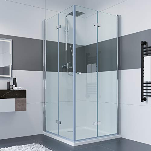 IMPTS Duschkabine 90x90 cm Eckeinstieg Falttür Duschtüren 180º Eckig Dusche Duschwand Doppel Falttüren Duschabtrennung mit NANO Glas, Höhe 195cm