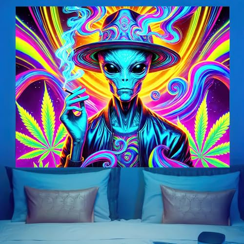 BlissYard Aliens Tapisserie, 200 x 150 cm, Schwarzlicht, Trippy Weed, Alien, Marihuana-Blatt, UV-reagierend, cooles Alien, Marihuana-Blatt, Schwarzlicht, Wandteppich, leuchtet im Dunkeln, Poster