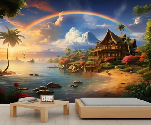FACADUP Coastal Murals, Coastal Resort Wall Mural Wallpaper, Rainbow Beach Cabin Wallpaper for Bedroom Living Room Decor 200x140cm Nature Ocean Scenic Decorative (Not Self-Adhesive)
