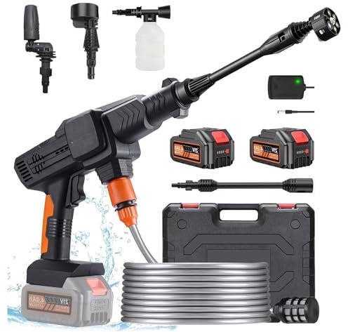 Lambluefly Hidrolimpiadora Bateria 4.0Ahx2, Max 120 Bar Hidrolimpiadora de Alta Presion con Motor sin Escobillas,3 Niveles Ajustables, Hidrolimpiadora de Bateria con Boquilla 6EN1 para Lavado de Autos