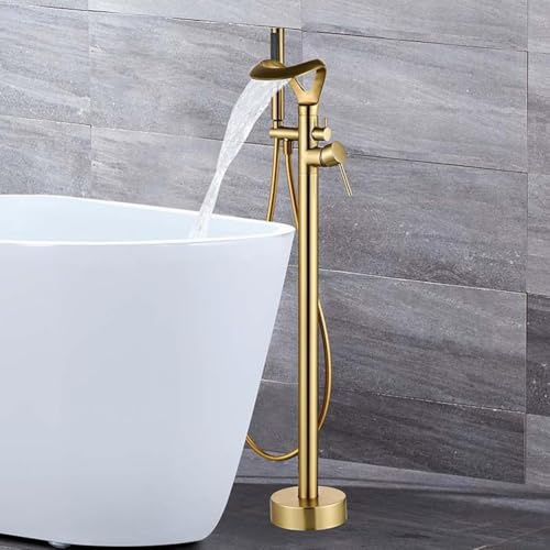 KUNYOS Wannenarmatur Mit Brause Freistehend Wasserfall 2 Modi Bad Armatur Badewanne Mit 1,5M Brauseschlauch Einzelloch,Gold