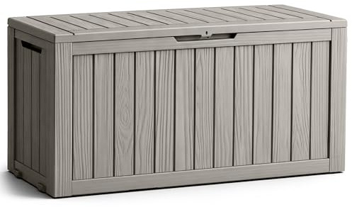 AKORD Gartenbox Wasserfest 272L Aufbewahrungsbox für Balkon & Terrasse, Kissentruhe aus robustem Kunststoff in Holzoptik, Polypropylen, 114 x 46,3 x 57,5 cm, Grau