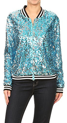 Anna-Kaci Damen Glitzer Pailletten Dünne Rib Rop Langarm Reißverschluss Bomberjacke Fliegenjacke Bikerjacke Jacke, S, Blau