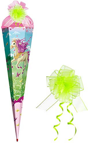 Schultüte - Pferdeliebe - Pferd & Schmetterlinge - 50 cm - rund - incl. Schleife - mit Tüllabschluß - Zuckertüte - mit/ohne Holzspitze - Roth - Schultüt..
