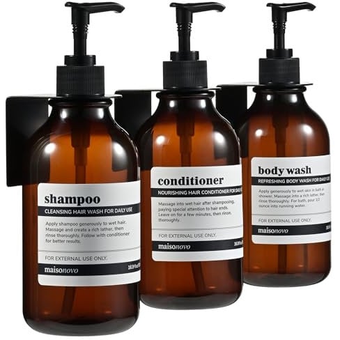 MaisoNovo Shampoo and Conditioner Dispenser - Set of 3 Shower Soap Dispenser Wall Mounted - 500ml Amber Plastic Bottles with Black Pump - No Drill Shower Gel Dispenser
