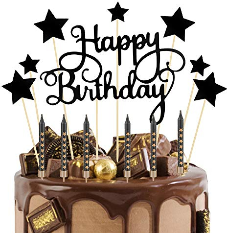 Black Stars Cake Toppers, Happy Birthday Cake Topper with 6pcs Matte Glitter Stars and Candle for Party, Anniversary, Wedding