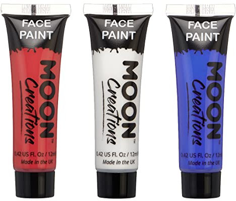 Moon CreationsTubes de peinture pour le visage et le corps | prête à l'emploi | Sans cruauté | pour enfants et adultes, King Charles Union Jack rouge, blanc et bleu, 12 ml