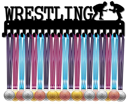 CREATCABIN Wrestling Medaillenhalter Display Aufhänger Rack Sport Metall Wandhalterung Mit 20 Haken Zum Aufhängen von 60 Medaillen Läufer Home Badge Laufen Marathon Gymnastik Schwarz 15.7 x 4.5 Zoll