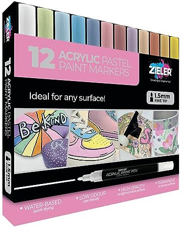 Zieler 12 Acrylic Paint Pens for Rock Painting, Ceramic, Porcelain, Glass, Stone, Pebble, Fabric, Wood & DIY Mug Design Permanent Water-based Marker Pens – Pastel colours (Fine Tip 1.5mm)