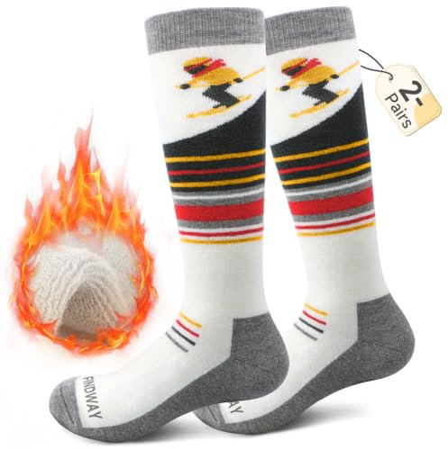 Findway 2 Paar Merinowolle Skisocken Kinder, Winter Snowboarding Atmungsaktive Thermosocken mit Über die Wade Design/Anti-Rutsch-Bündchen für Mädchen/Jungen für Outdoor-Sportarten