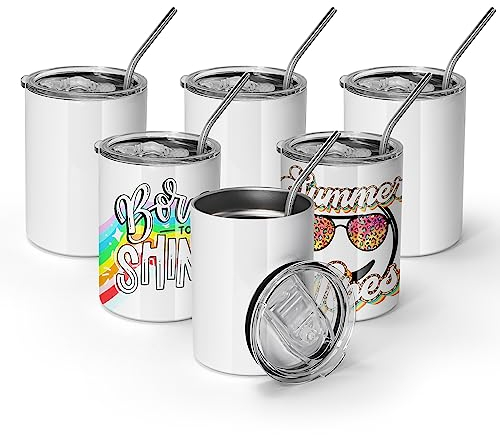 AGH 6 Stück 284 ml Sublimations-Weingläser, Rohlinge aus Edelstahl, gerader Becher mit spritzwassergeschütztem Schiebedeckel und Kunststoff-Strohhalm, weiße, Bulk, Geschenke für Party