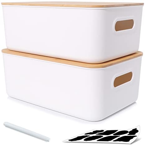 Bienvoun 13L 2 Pack Storage Box with Wood Lid Plastic Storage Boxes Stackable Storage Baskets for Shelves Bathroom Kitchen Organiser White, 38 x 27 x 15 cm