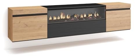 Skraut Home | TV-Schrank, Lowboard | für Wohnzimmer und Esszimmer | 200x45x35cm | Für TV-Geräte bis zu 80 | Elektrokamin. Maße | Hängend | Moderner Stil | Eiche Schwarz