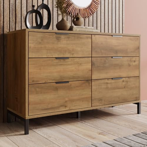 SogesHome Kommode Sideboard Beistellschrank Schrank mit 6 Schubladen 120 x 40 x 76 cm in Dunkle Eiche Sideboard Highboard für Schlafzimmer & alle Wohnräume