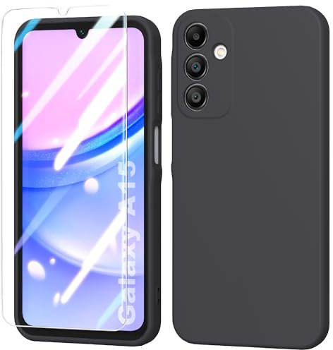 BUTISHIYU Coque en Silicone Compatible avec Samsung Galaxy A15 4G / 5G avec Protecteur D'écran en Verre Trempé,étui de Protection Complète,Housse Doublure Douce en Tissu Microfibre,Anti-Chocs - Noir
