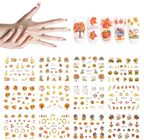Halloween Stickers Decals, Fall Nail Stickers Autumn Maple Leaves Pumpkin Turkey Nail Art Stickers Thanksgiving Themed Water Transfer Nail Decorations, 12 Sheets/Set
