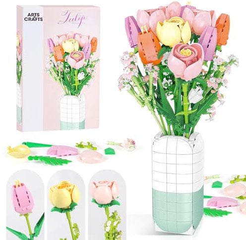 Euakee Blumen Bausteine Bausatz, Blumen Bauspielzeugset mit Vase, DIY Pflanze Blumenstrauß Dekoration, Idee Geschenke für Valentinstag Geburtstage Muttertag (Rosa Schneeberg)