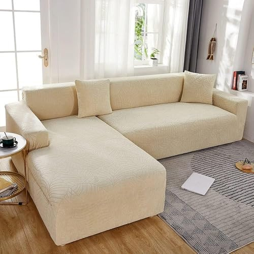 OKJK Sofabezug wasserdicht, Sofa überzug l Form, Jacquard Stretch sofaüberwurf, All-Inclusive, rutschfest, Sofaschoner rutschfest für das Wohnzimmer Liege Sofa (Beige,3 Seater and 2 Seater)