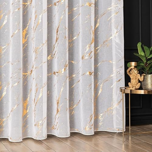 Gardinen Vorhangen Weiß Jacquard 400x150 cm (BxH) Modell GoldenStone Elegante Gardine Transparent Kräuselband Pflegeleicht Fensterdekoration