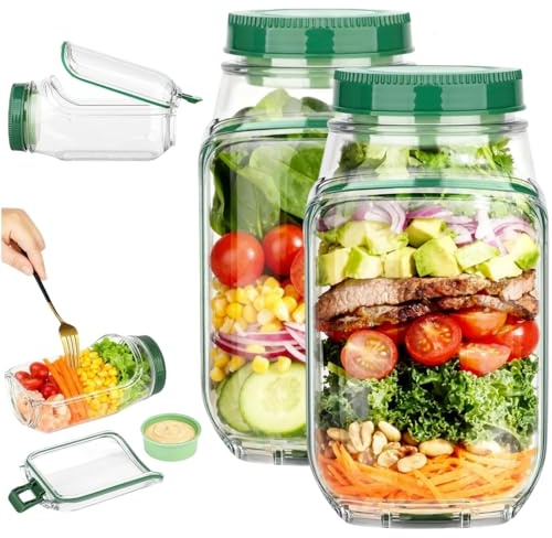 2Pcs Salad Pod Jar, Portable Salad Container with Leakproof Dressing Cup, Vertical Layering Design, Side-Open Salads Box with Lid, Fresh Salads Jar for Meal Prep, Work Lunch, Picnic & Travel