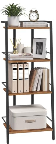 MAHANCRIS Ladder Shelf, Book Shelf, Ladder Shelving Unit, Narrow Bookcase | 4-Tier Industrial Ladder Bookshelf with Side Rails, for Living Room, Bedroom, Home Office, Rustic Brown and Black