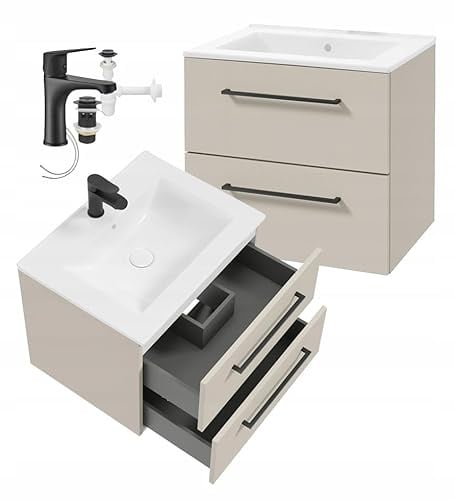 DomoDomo Deftrans – Waschbecken mit Unterschrank 60 cm hängend – Badezimmer Unterschrank klein modern – Gäste WC Waschbecken Set komplett – Waschtischunterschrank Kaschmir mit schwarzer Armatur