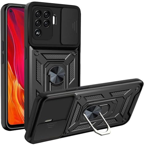 Techsuit für Oppo A94 4G und Reno5 Lite Hülle mit Kameraabdeckung, Ringhalter, Magnetring Kompatibel, Standfunktion, Magnethalterung, Erhöhte Kanten, CamShield Series, Polycarbonat, Schwarz