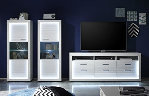 Beauty.Scouts Wohnkombination 'Ariane IV', Kommode Schrank Vitrine TV-Schrank Wohnwand Wohnelement Wohnzimmer Hochglanz weiß Beleuchtung inkl., Ausführung:mit Glas-TV-Bühne